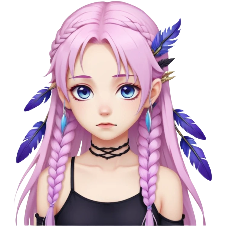 Gorgeous beautiful pretty grumpy anime lady long-pale-whitish-pastel-pink-hair with one braid on each side, hanging purple tiny feather-ear-cuffs with pink tips in hair, black bodysuit, blue eyes, pink iris, ethereal, fashion aesthetic  emoji