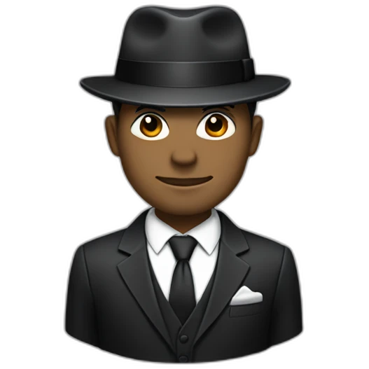 A cobalt black/grey skined man wearing a black formal suit with a black tie, wearing a fedora with a white accent color and no pupils. emoji