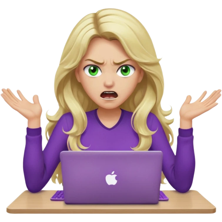 lady with long wavy blonde hair, purple top, green eyes, at desk with hands and face gesturing very angry and shouting, with a purple mac laptop  emoji