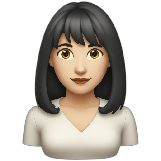 40 year old white woman with long dark hair and a fringe and oval shape face emoji