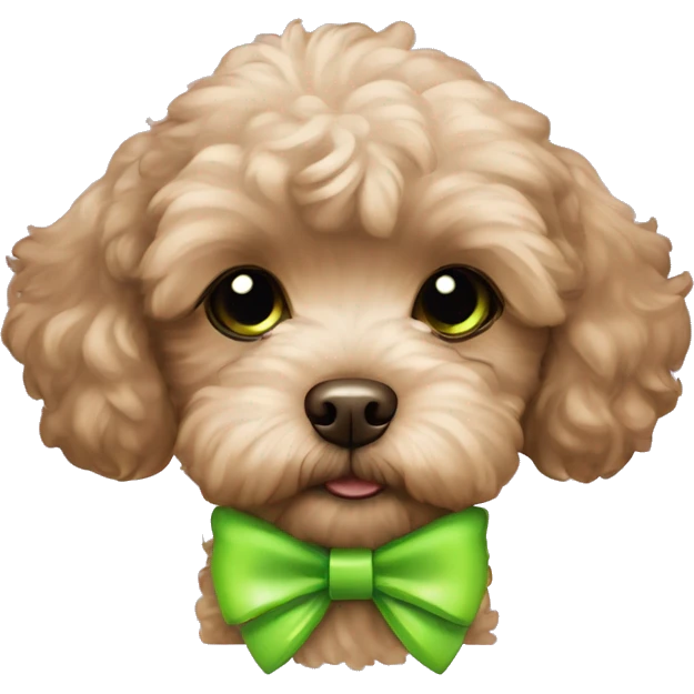 Brown maltipoo puppy with two neon green bows on ears emoji