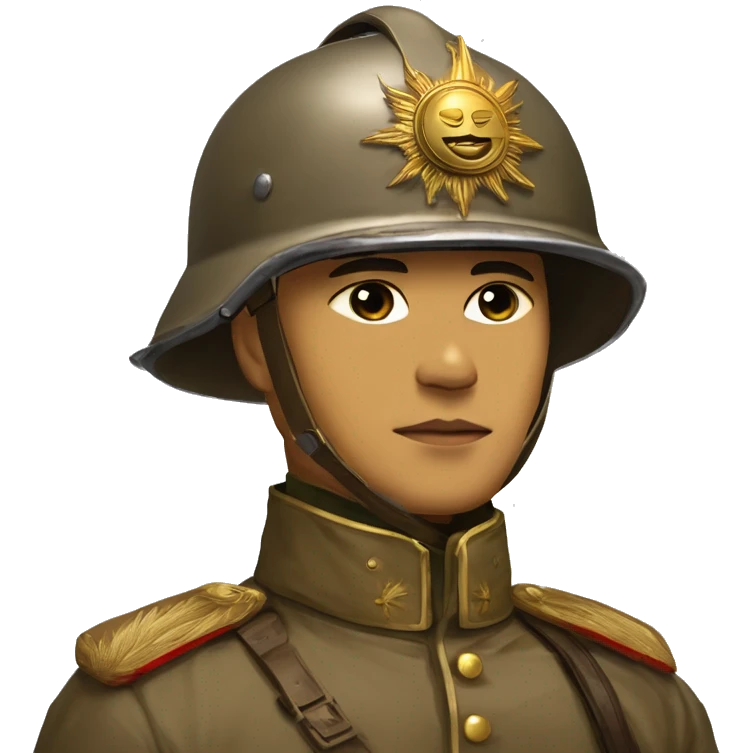 Filipino Republican Soldier year era ww1, with a Pickelhaube Überzug helment from ww1 exposing the gold Spike on the top of the helmet, the helmet a symbol of the sun, Russian uniform brown. emoji