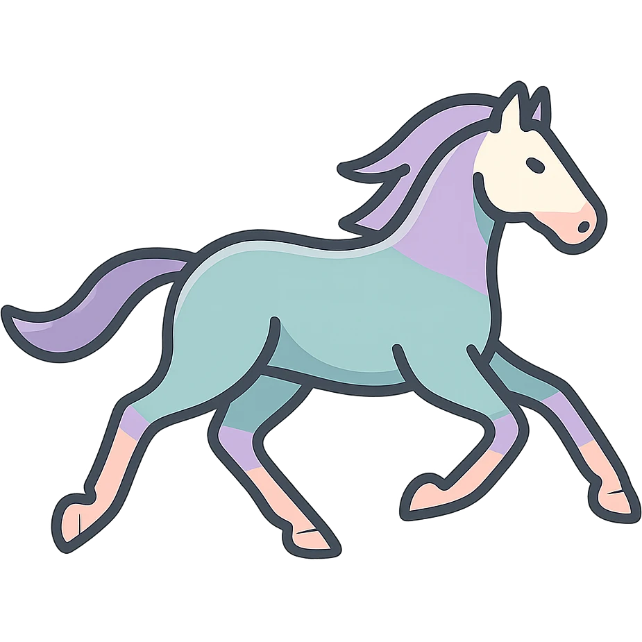 Chinese eastern style horse galloping, second frame of sequence, thin clean contours, soft rounded shapes, pastel palette #98B5BC, #B5B3C1, #C9A3C9, #E4C0CA, #F7DCD1, #F7C0AA, detailed shadows and highlights, soft lighting, transparent background, less cute, no decorative elements, silhouette and appearance as in reference emoji