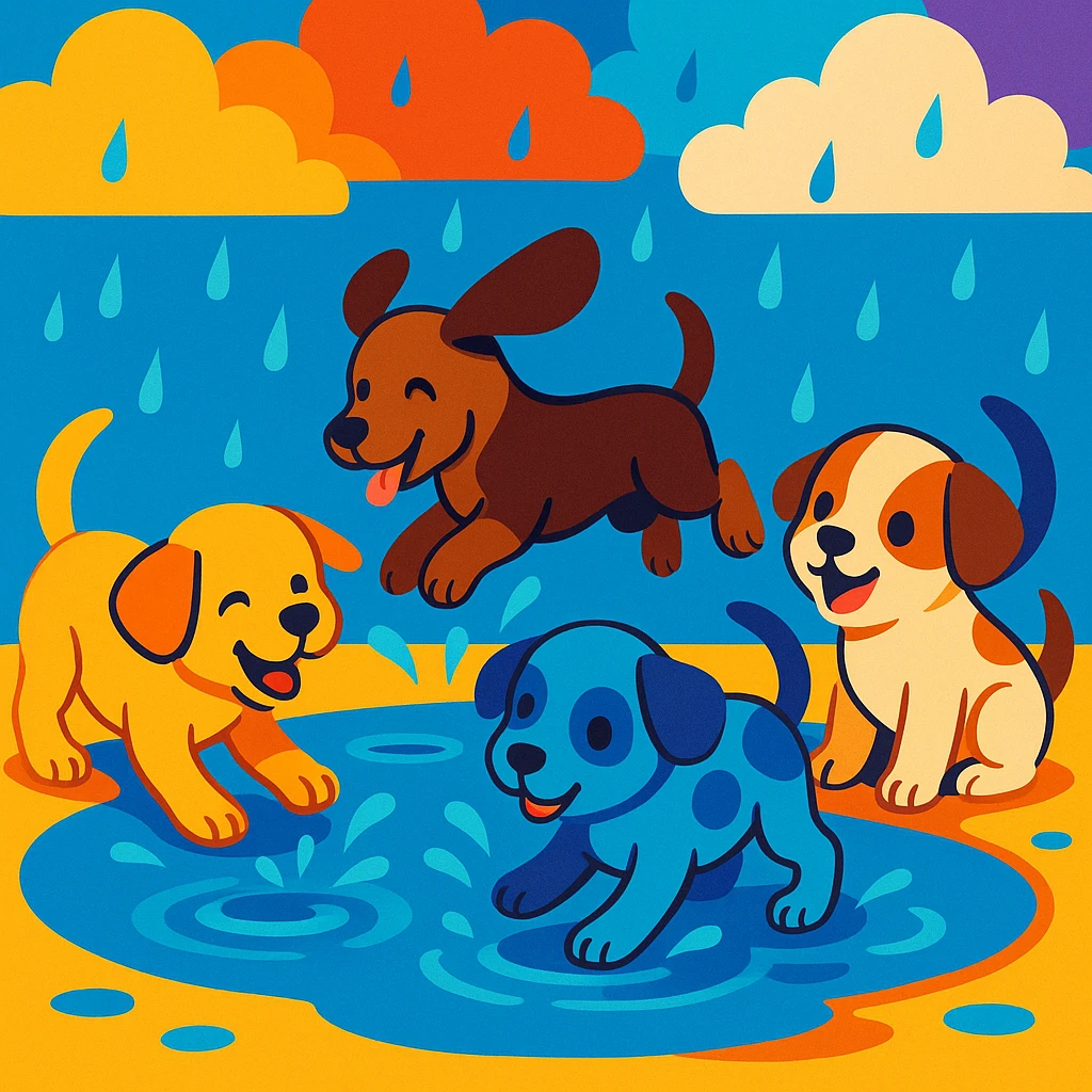 puppies playing together in a rain puddle, adorable, colorful emoji