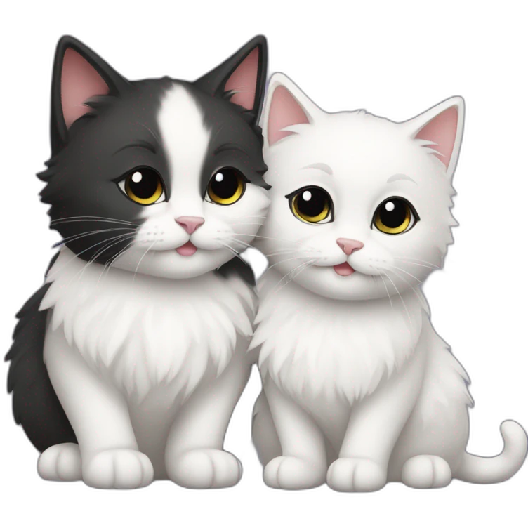Two cute fluffy cats one black and one white kissing emoji