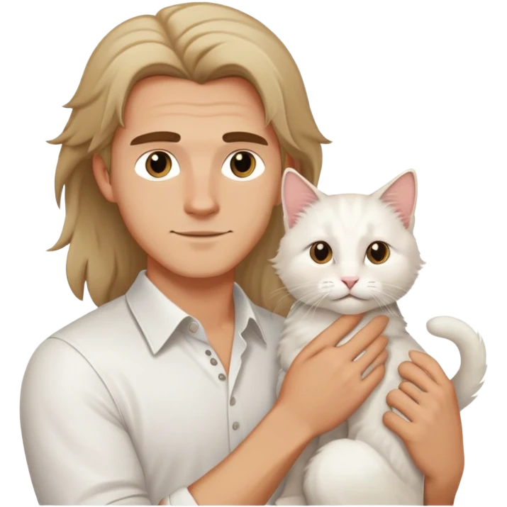 A young handsome Caucasian man in a white shirt holds a long-haired white cat emoji