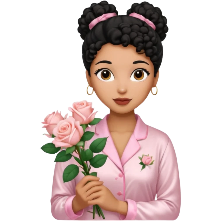 Mixed-race woman with caramel skin, black curly hair in a sleek bun, wearing white silk pajamas, holding a bouquet of blush pink roses emoji