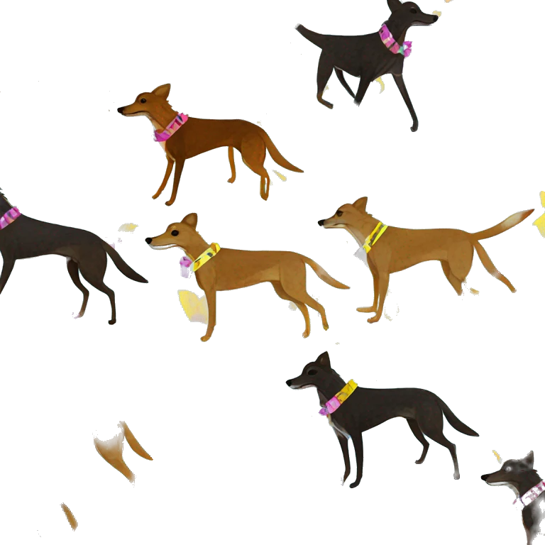  brindle brown black maroon striped lurcher Alsatian fox running blue eyes and iridescent holographic oilslick harness wearing paper iridescent tropical flower crown yellow caution tape emoji