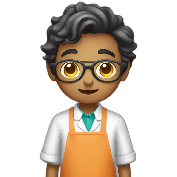 A scientist boy wearing apron and and having camera on hands emoji
