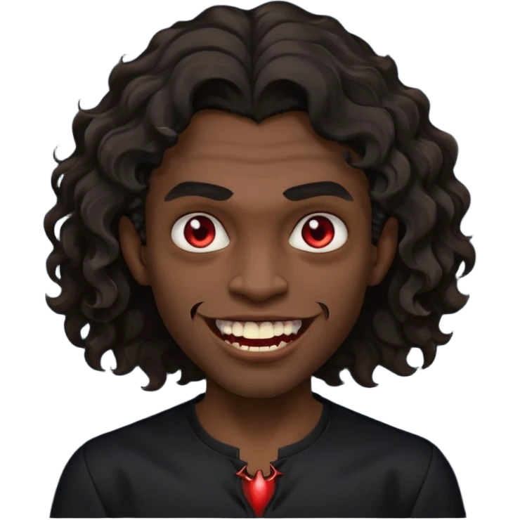 black skinned person with a black shirt on make the haircut have waves with vampire teeth emoji