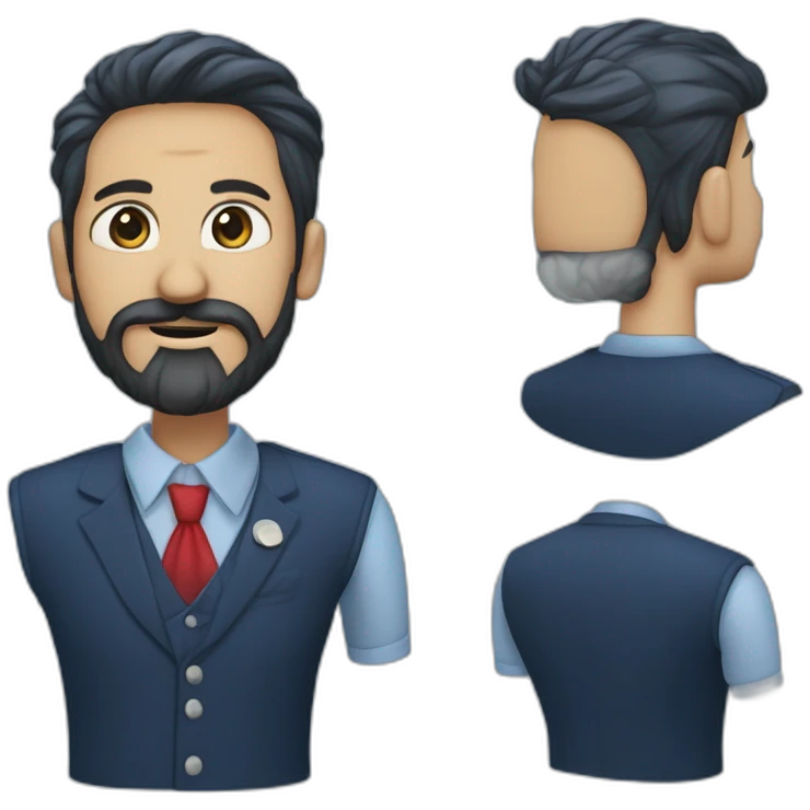 Un barbu de 40 ans avec cheveux noirs et barbe noire,, avec un costume bleu marine, et une cravate rouge et une chemise bleu claire emoji