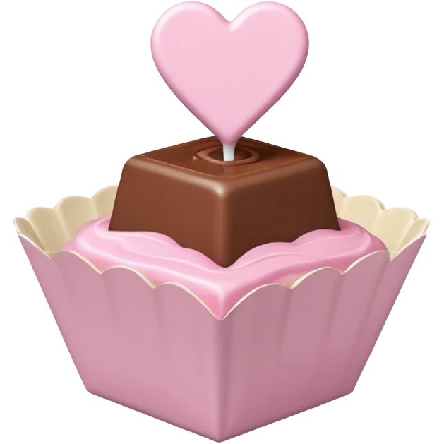 Two square milk chocolate , Each praline is a sharp-edged cube with smooth glossy chocolate coating, placed in a small white fluted paper candy cup. On top of each cube is a flat pastel pink heart-shaped icing emoji