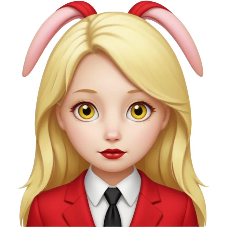 Woman with porcelain white skin, thick blonde hair that's in a thick, long ponytail, has the nose of a bunny, yellow scleras, red pupils, and a red suit with a black tie. emoji