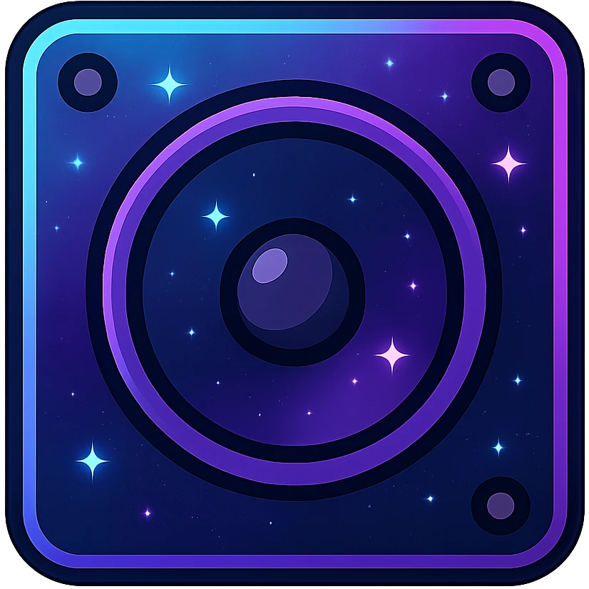 volume icon, modern clean speaker with neon border and glowing effect, dark purples blues blacks base, nebula gradients, small bright stars, specular highlights, luminous look emoji
