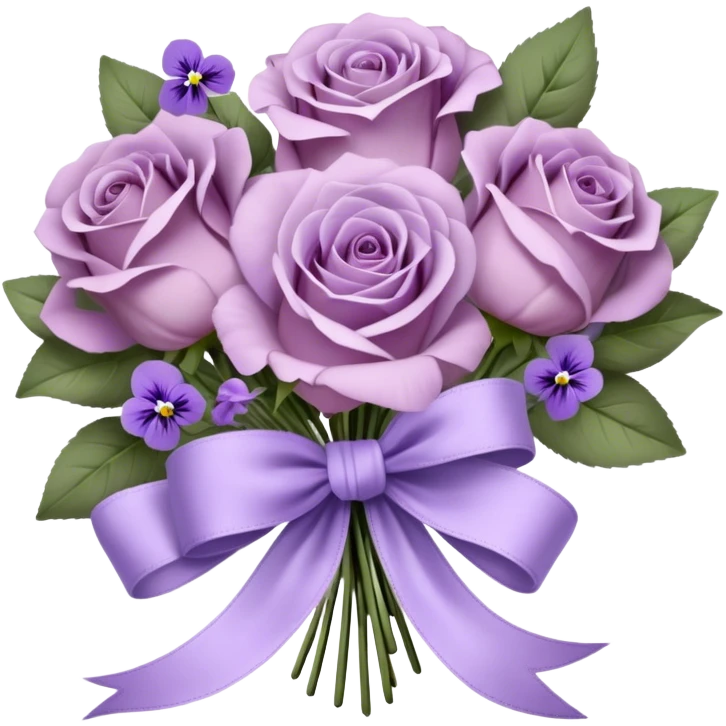 A vintage bouquet of wilted mauve roses, delicate violet pansies, and fragrant lavender sprigs is gently wrapped in soft lilac silk ribbons, tied into a loose, romantic bow, with a small heart-shaped locket resting among the petals, whispering secrets of a love long past emoji