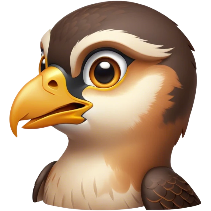 Cinematic Cute Falcon Portrait Emoji, Head tilted playfully and inquisitively, featuring a sleek, agile form with a delicately curved beak and round, sparkling eyes full of spirited charm, Simplified yet irresistibly adorable features, highly detailed, glowing with a warm, inviting glow, high shine, affectionate and lively, stylized with a touch of whimsical aerial grace, soft glowing outline, capturing the essence of a mischievous yet endearing falcon that seems as if it could dart out of the screen into your heart! emoji