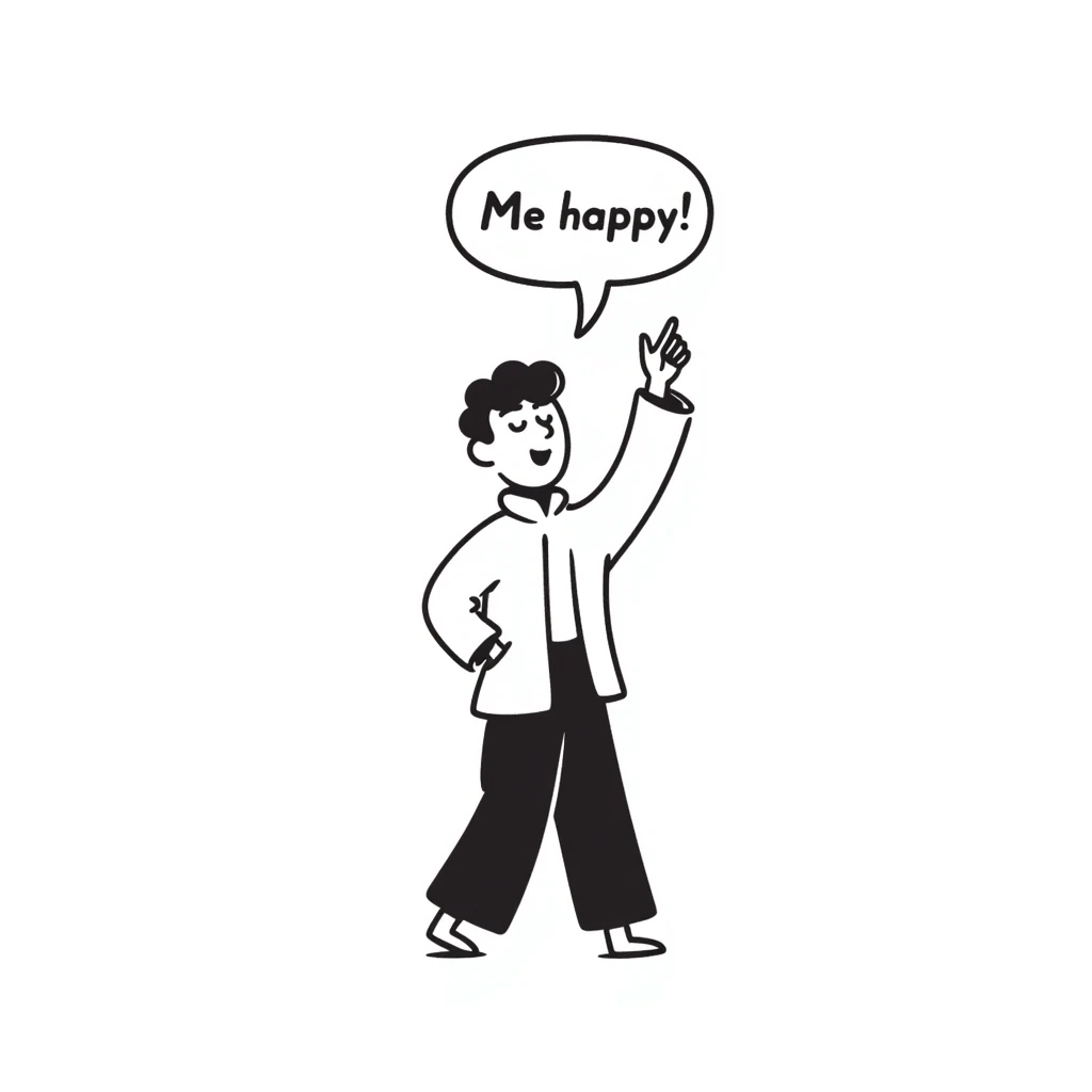 white man character with mouth open, speech bubble with 'me happy' emoji