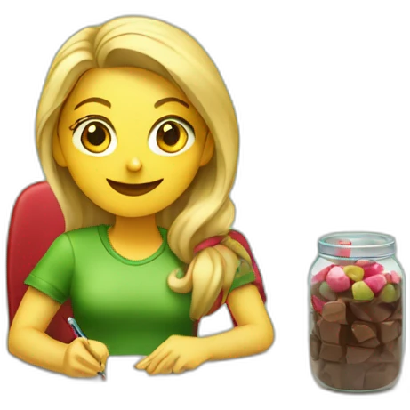 Girl with blonde hair sitting at a desk wrapping chocolate candies with solid green background red shirt emoji