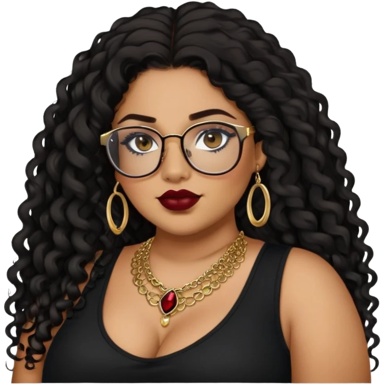 teen big plus size, latina, darker tan skin, gold jewelry, long black curly hair, baddie,pretty, makeup, dark red lipgloss, black eyeliner, long hair, black top, black glasses emoji