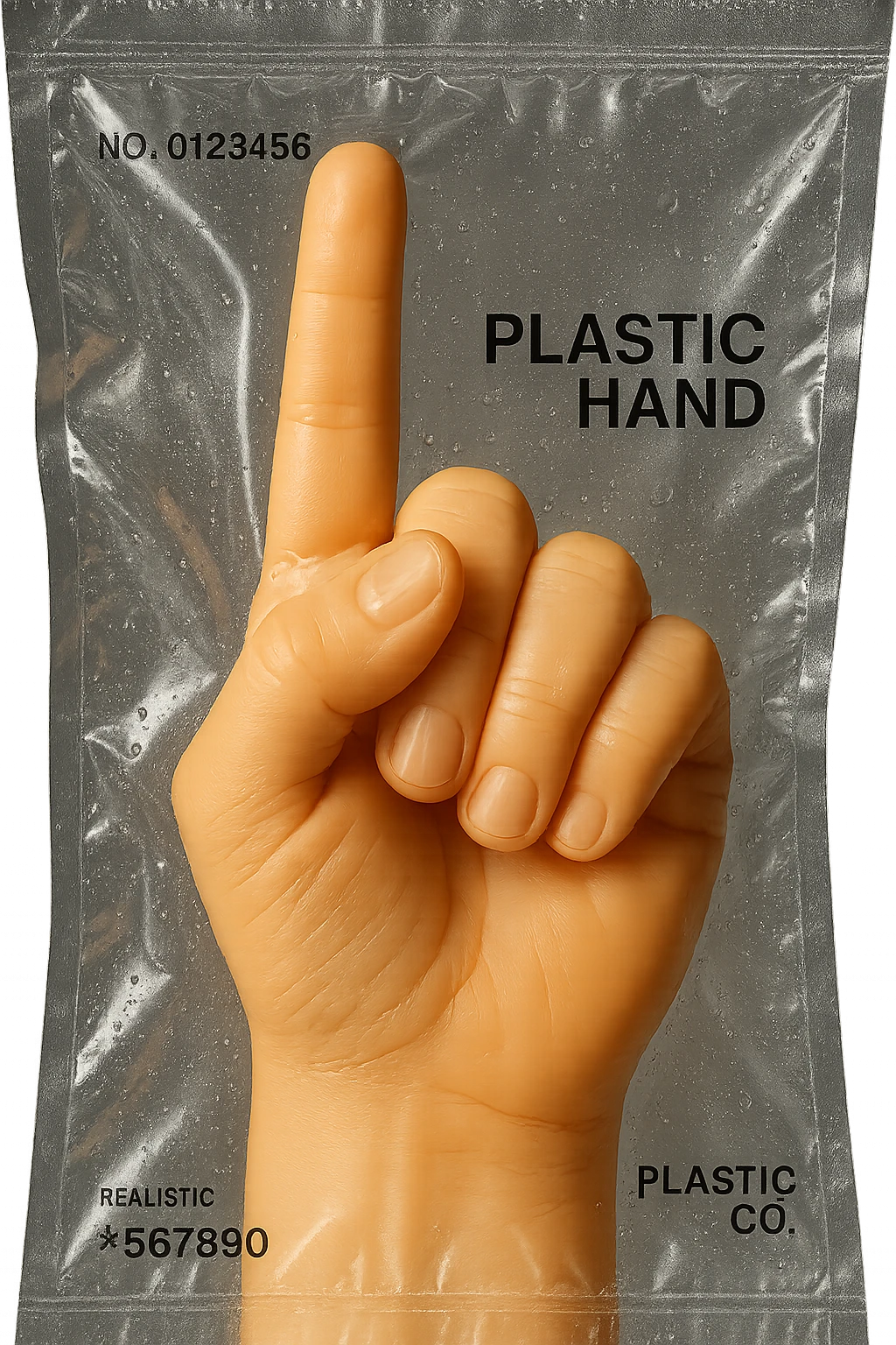 Change the hand to an olive skin tone, keeping the toy-like, soft, squishy, retro plastic look. No background, only the hand is visible, viewed from the back, standing vertical with the pointer finger extended. emoji