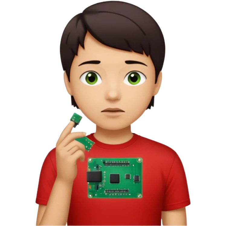 A young person wearing a red T-shirt indoors, short dark hair, holding a small green electronic circuit board near the mouth in a thoughtful pose. Warm natural lighting, window with blinds in the background, casual tech-inspired vibe. emoji