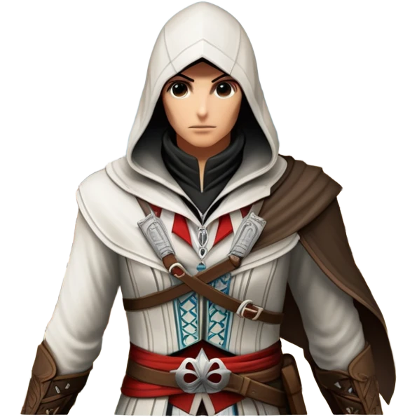 icon featuring Assasin's Creed in an iconic assassin's hood, standing tall against the backdrop of Florence. The design captures the essence of adventure, with intricate details of historical architecture and a sense of mystery. The character is poised, ready for action. transparent background. emoji