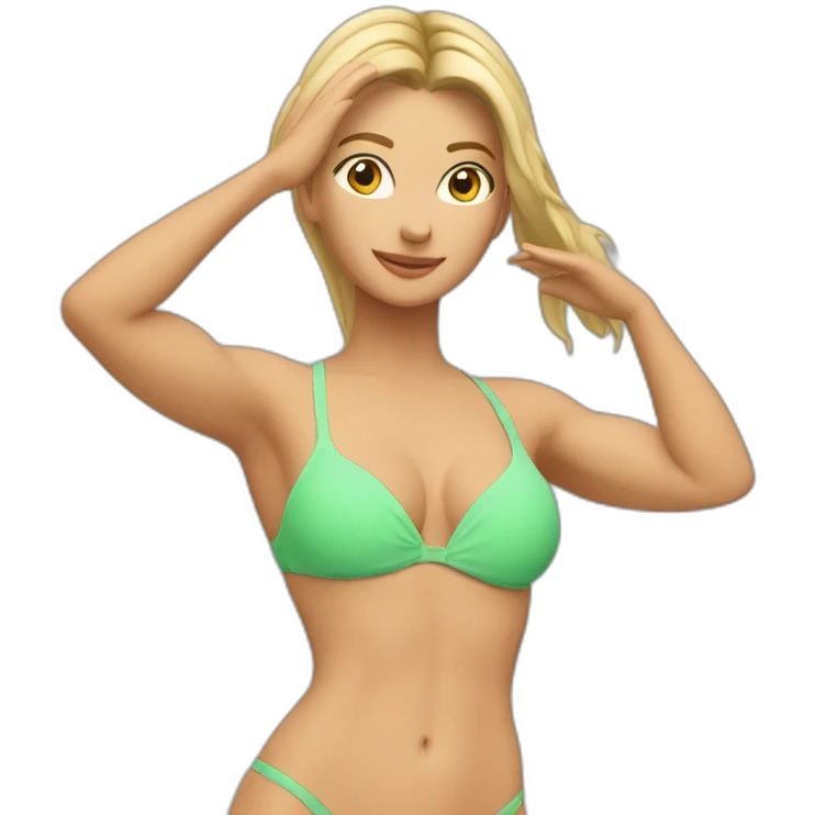 fit Caucasian woman bikini abs (hands-in-hair pose) (full body) emoji