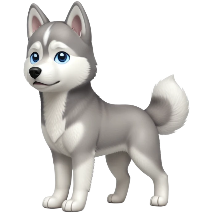 cinematic-[siberian husky]-realistic-full-body-standing-emoji,-tail-resting-loosely-beside-its-paws,blue eyes-head-tilted-dramatically, -fluffy-[grey and white]-fur,-simplified-yet-realistic-focused-features,-highly-detailed,-glowing-with-an-almost-sarcastic-glow emoji