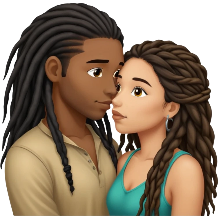 Latina Woman with long hair kissing a young black guy with dreads chin hair emoji