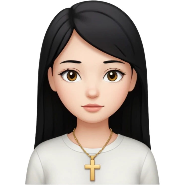 A girl with black straight hair long eyelashes light blush a white shirt and a cross necklace  emoji