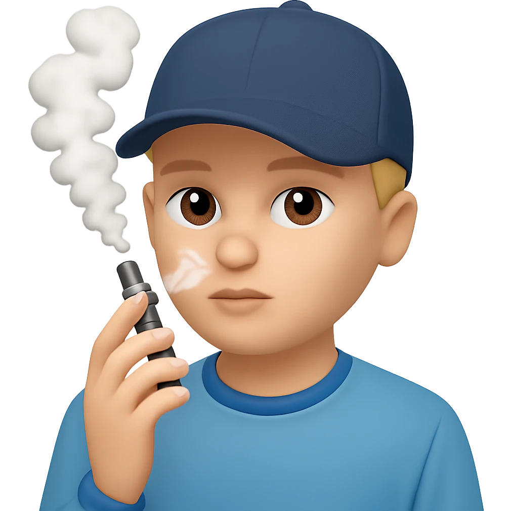 Add a baseball cap to the guy vaping, keep the original style consistent, no background. emoji