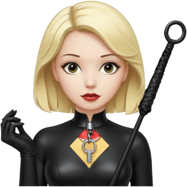 Dominatrix with blonde hair, latex outfit, old fashioned key necklace, and a whip emoji
