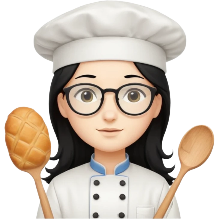 Profesora de pastelería, piel blanca con gafas y pelo negro largo emoji
