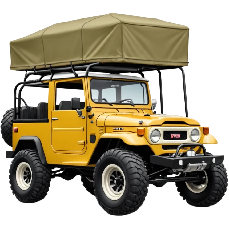 Well-equipped Off road Racing fj40 car whose frame and detailed suspension is made of shopping cart material with padded roll cage, huge roof rack, winch, and antique style handmade bodywork (survivalist style) emoji