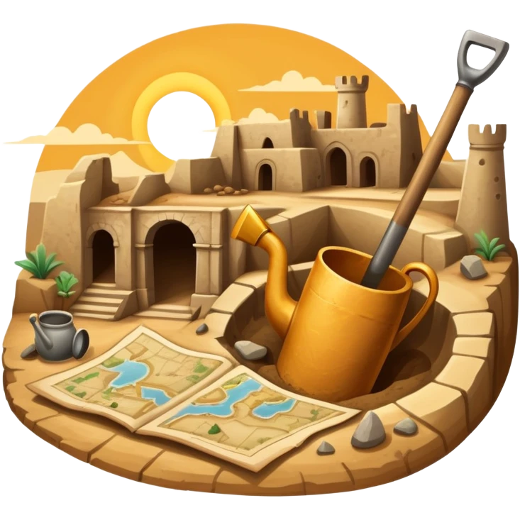 An icon showing an ancient city excavation site with a shovel, an old map, and uncovered ancient amphoras. The design captures the thrill of uncovering historical treasures and ruins. Transparent background highlights the excitement of archaeological discovery. emoji