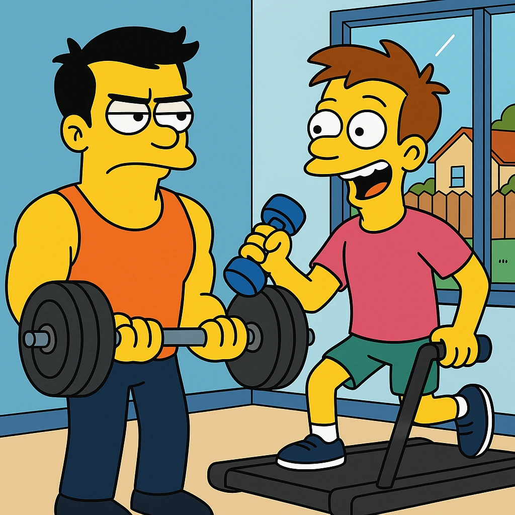 Jake and Tom have been gym buddies (friends who go to the gym together) for months (maybe 3–6 months or more), but their workout styles (the way they exercise or train—like lifting weights) couldn’t be more different (they’re very, very different). 2 guys at gym emoji