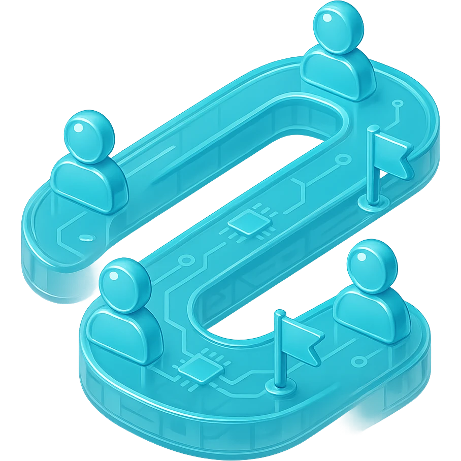 Flat icon of a winding path with user avatars and milestones, cyan blue emoji