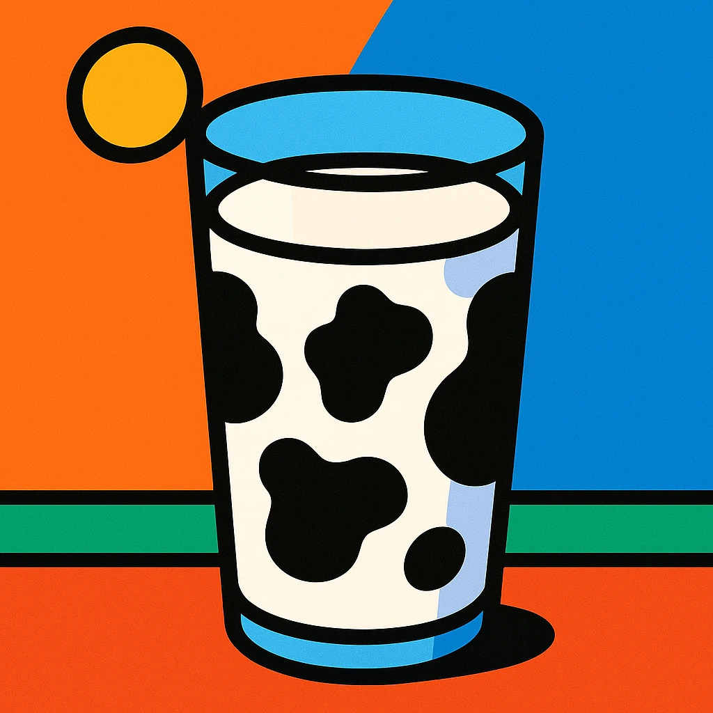 a glass of milk with a cow print, vibrant toon style emoji