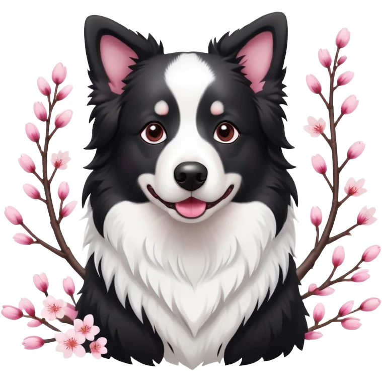 A cute  little  Black and white Border Collie and cherry blossom emoji