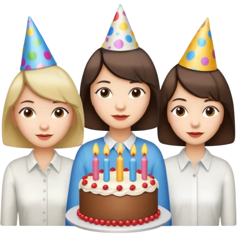 una festa di compleanno con una camicia bianca una ragazza con il caschetto e una torta e un cappellino  emoji