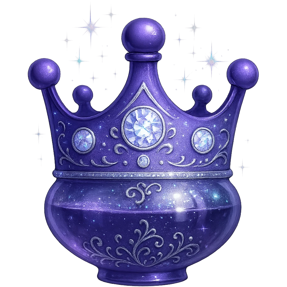 Transform the crown into a small, ultra-luxurious elixir bottle while keeping the crown shape and color #7986cb. Make the bottom merge smoothly into a bottle/flask shape. Add rich silver and holographic details with magical shine and sparkles. The bottle should have a very small neck, seamless bottom, floating in air, transparent background, no base or shadow, modern style, collection style. emoji