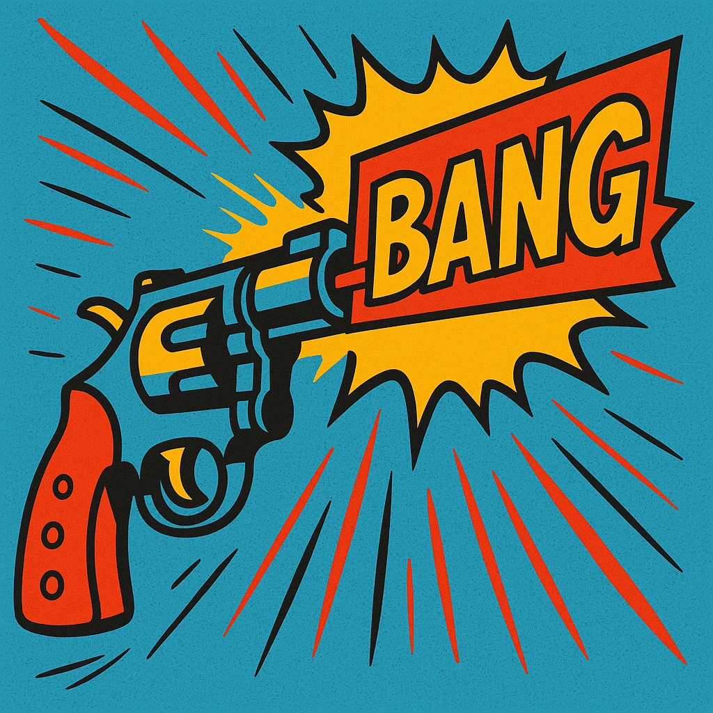 cartoon-style revolver firing with comic-style 'BANG' text popping out from the barrel instead of a bullet, bright colors, exaggerated motion lines, fun retro comic look emoji