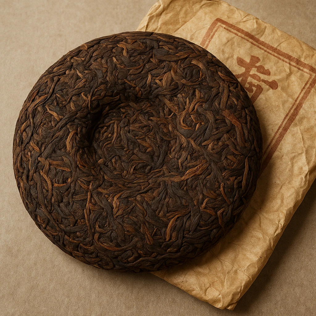 a round compressed pu-erh tea cake, detailed texture, visible tea leaves, traditional look emoji