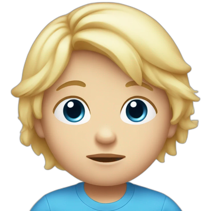 A baby with blond hair, blue eyes and a blue t-shirt and a sad face emoji