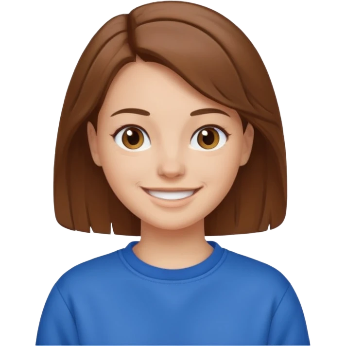 white female with brown hair wearing a blue sweatshirt, friendly expression emoji