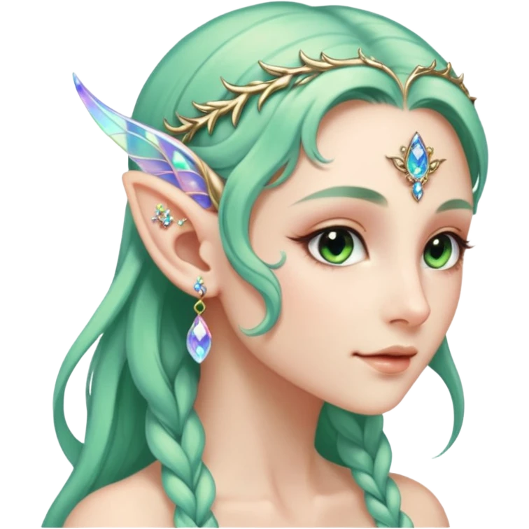 portrait of Elvish fae shiny sparkly iridescent translucent diaphanous ear climber ear cuff emoji