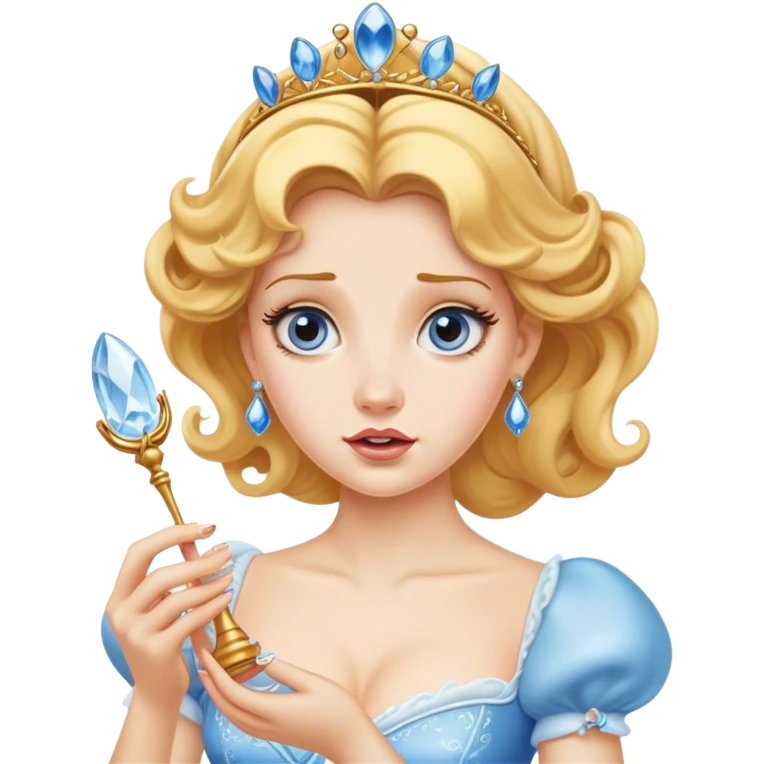Cinematic Funny Cinderella Portrait Emoji, Stunned expression as she holds a glass slipper much too big, one eyebrow raised, golden curls slightly messy, a mix of royal grace and unexpected humor, capturing a lighthearted twist on her fairy tale moment! emoji