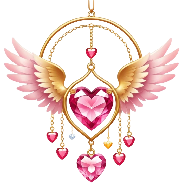 Reddish-pinkish and golden warm-colored romantic lush beautiful pretty hanging crystal-catcher aesthetic with hearts and sparkles and and white angel wings emoji