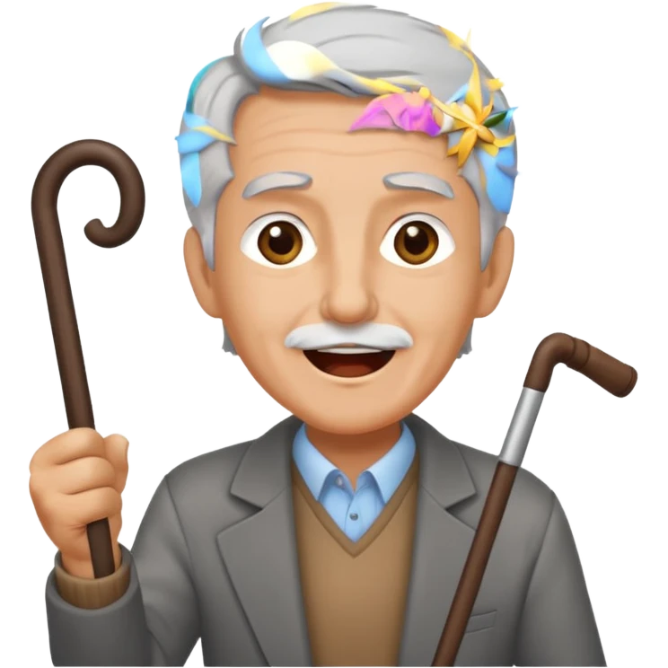 A grey-haired fan with cane in hand, cheering loudly with youthful spirit. emoji