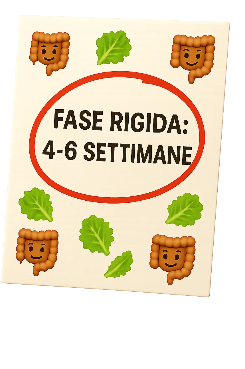 EMOJI STILE IPHONE DI UN foglio di carta fluttua in aria con la scritta "FASE RIGIDA: 4-6 SETTIMANE" CERCHIATA A PENNA IN ROSSO, ATTORNO AL FOGLIO FLUTTUANO PICCOLI TRATTI DI COLON UMANO IN STILE EMOJI E FOGLIE DI INSALATA, REALISTICA 4K emoji
